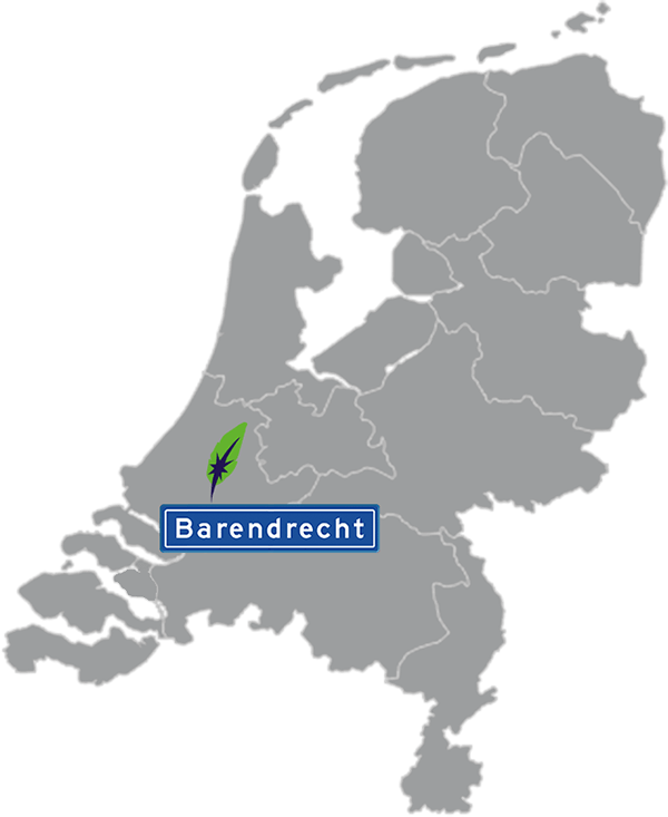 Grijze kaart van Nederland met Barendrecht aangegeven voor maatwerk taalcursus Spaans zakelijk - blauw plaatsnaambord met witte letters en Dagnall veer - transparante achtergrond - 600 * 733 pixels